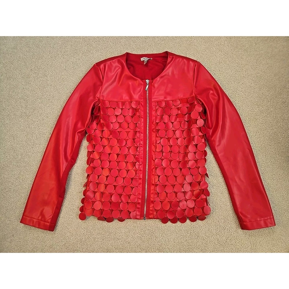 Linea Domani Jacket Size 4 Full Zip Red Faux Leather Confetti Softshell Y2K